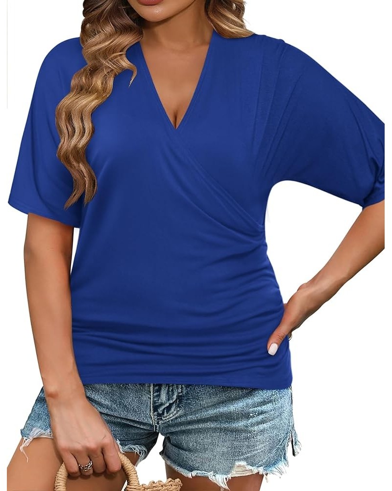 Womens Plus Size Tops V Neck Wrap Short Sleeve Shirts Casual Loose Dolman Top Tunic Blouses Sky Blue $12.41 Blouses