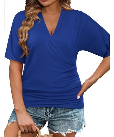 Womens Plus Size Tops V Neck Wrap Short Sleeve Shirts Casual Loose Dolman Top Tunic Blouses Sky Blue $12.41 Blouses