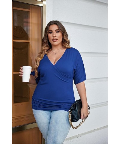 Womens Plus Size Tops V Neck Wrap Short Sleeve Shirts Casual Loose Dolman Top Tunic Blouses Sky Blue $12.41 Blouses