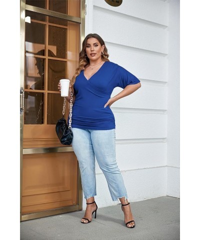 Womens Plus Size Tops V Neck Wrap Short Sleeve Shirts Casual Loose Dolman Top Tunic Blouses Sky Blue $12.41 Blouses