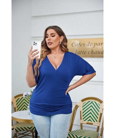 Womens Plus Size Tops V Neck Wrap Short Sleeve Shirts Casual Loose Dolman Top Tunic Blouses Sky Blue $12.41 Blouses