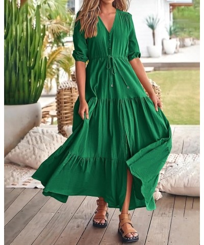 Women Summer Dresses Short Sleeves V Neck Button Drawstring Maxi Dresses Solid Color Boho Long Dresses Solid Green $17.90 Dre...