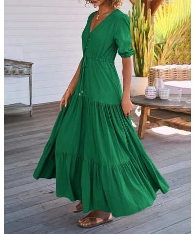 Women Summer Dresses Short Sleeves V Neck Button Drawstring Maxi Dresses Solid Color Boho Long Dresses Solid Green $17.90 Dre...