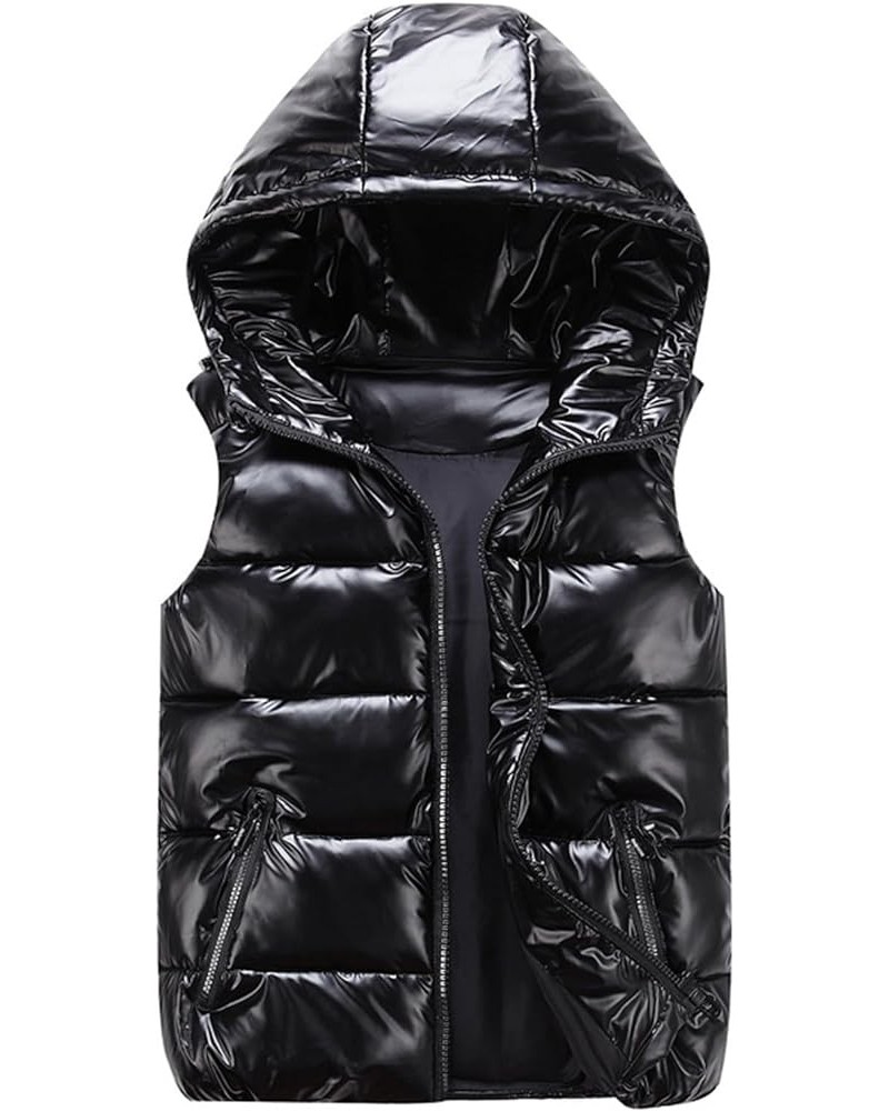 Puffer Vest Women Zipper Warm Puffer Faux Leather Sleeveless Jacket Coats Hooded Winter Windbreaker Outerwear 11-black $11.28...