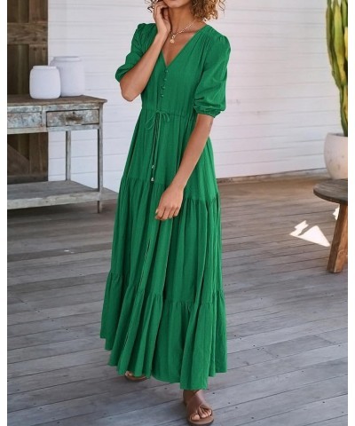 Women Summer Dresses Short Sleeves V Neck Button Drawstring Maxi Dresses Solid Color Boho Long Dresses Solid Green $17.90 Dre...