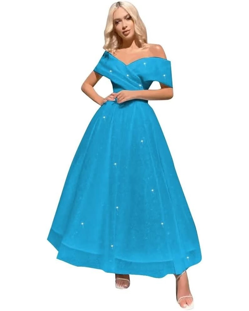 Off Shoulder Tulle Prom Dresses Tea Length Ball Gown Sparkly Formal Evening Party Gowns Lake Blue $40.80 Dresses