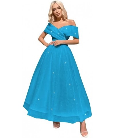 Off Shoulder Tulle Prom Dresses Tea Length Ball Gown Sparkly Formal Evening Party Gowns Lake Blue $40.80 Dresses