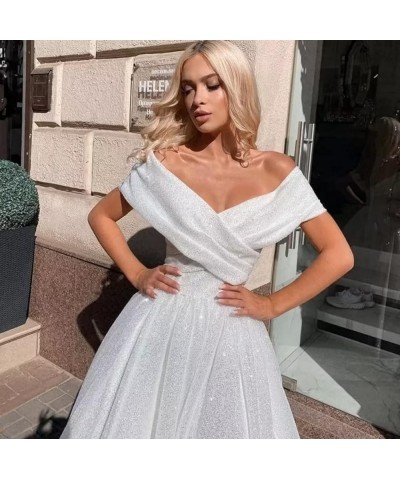 Off Shoulder Tulle Prom Dresses Tea Length Ball Gown Sparkly Formal Evening Party Gowns Lake Blue $40.80 Dresses