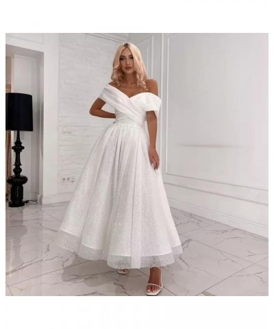 Off Shoulder Tulle Prom Dresses Tea Length Ball Gown Sparkly Formal Evening Party Gowns Lake Blue $40.80 Dresses