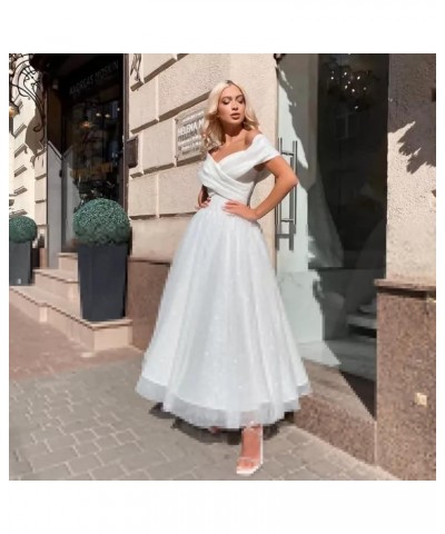 Off Shoulder Tulle Prom Dresses Tea Length Ball Gown Sparkly Formal Evening Party Gowns Lake Blue $40.80 Dresses