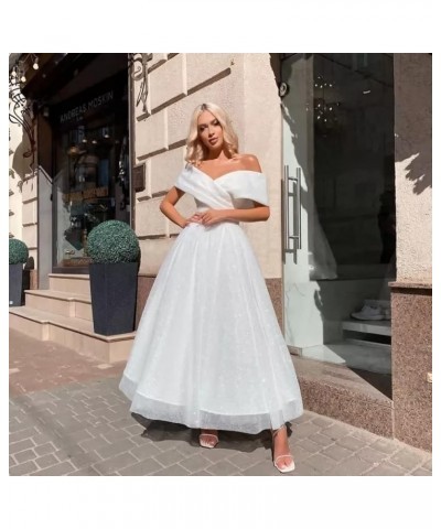 Off Shoulder Tulle Prom Dresses Tea Length Ball Gown Sparkly Formal Evening Party Gowns Lake Blue $40.80 Dresses