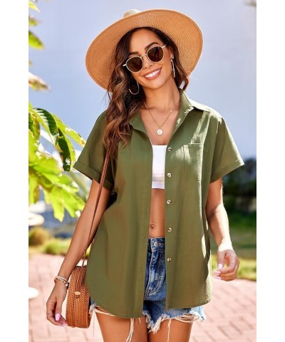 Linen Cotton Womens Short Sleeve Shirts V Neck Collared Button Down Blouse Tops with Chest Pocket Army Green $14.10 Blouses