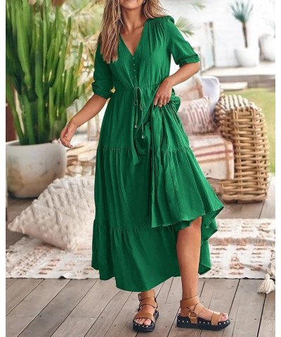 Women Summer Dresses Short Sleeves V Neck Button Drawstring Maxi Dresses Solid Color Boho Long Dresses Solid Green $17.90 Dre...