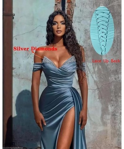 Women's Sparkly Off Shoulder Prom Dress with Slit Satin Mermaid Formal Evening Gowns CYM201 Light Blue $27.20 Dresses