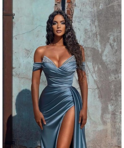 Women's Sparkly Off Shoulder Prom Dress with Slit Satin Mermaid Formal Evening Gowns CYM201 Light Blue $27.20 Dresses