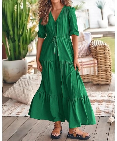 Women Summer Dresses Short Sleeves V Neck Button Drawstring Maxi Dresses Solid Color Boho Long Dresses Solid Green $17.90 Dre...