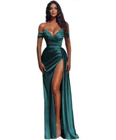 Women's Sparkly Off Shoulder Prom Dress with Slit Satin Mermaid Formal Evening Gowns CYM201 Light Blue $27.20 Dresses