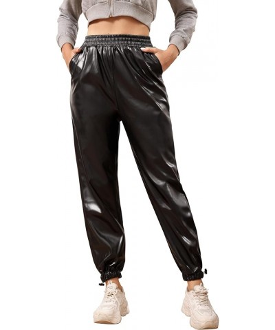 Leather Pants for Women Casual Elastic High Waist Tapered Leg Faux Leather Jogger Pants Trousers Black $18.48 Pants