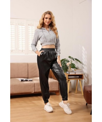 Leather Pants for Women Casual Elastic High Waist Tapered Leg Faux Leather Jogger Pants Trousers Black $18.48 Pants