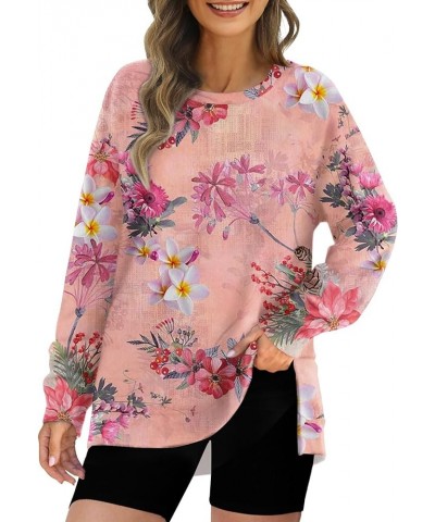 Plus Size Crewneck Tops for Women Long Sleeve Side Split Loose Casual Knit Pullover Sweater Blouse 04-pink $12.69 Activewear