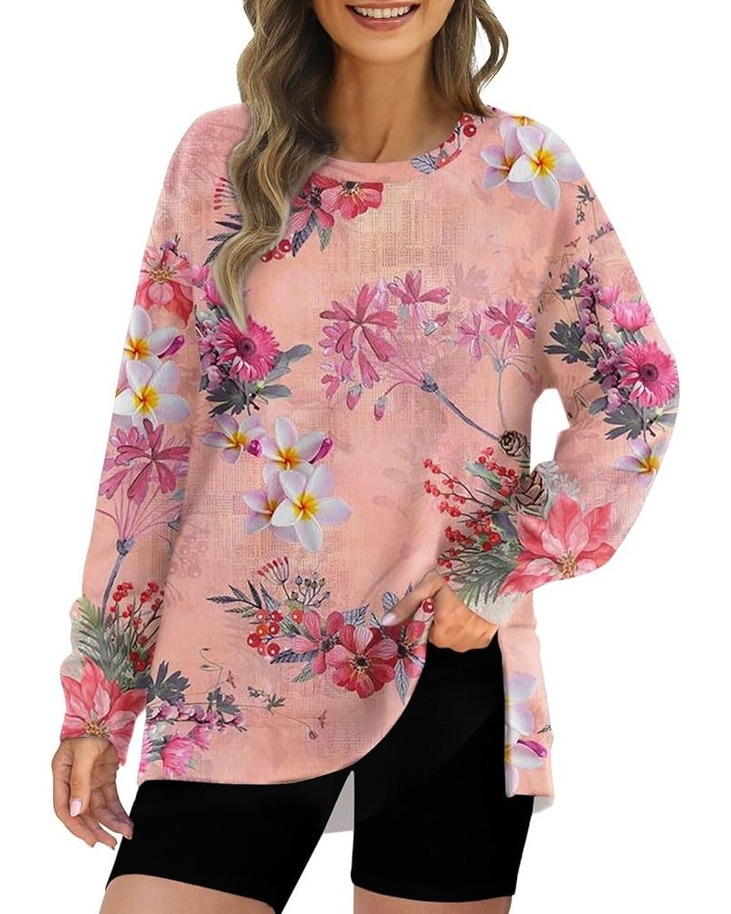 Plus Size Crewneck Tops for Women Long Sleeve Side Split Loose Casual Knit Pullover Sweater Blouse 04-pink $12.69 Activewear