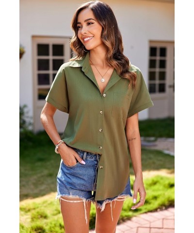 Linen Cotton Womens Short Sleeve Shirts V Neck Collared Button Down Blouse Tops with Chest Pocket Army Green $14.10 Blouses