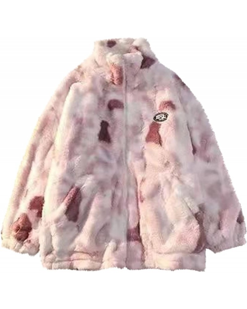 Oversized Sherpa Jacket for Women Fuzzy Fleece Cute Teddy Bear Print Coat Zip Long Sleeve Hooded Outwear with Pocket Z7-pink ...