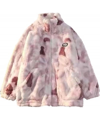 Oversized Sherpa Jacket for Women Fuzzy Fleece Cute Teddy Bear Print Coat Zip Long Sleeve Hooded Outwear with Pocket Z7-pink ...