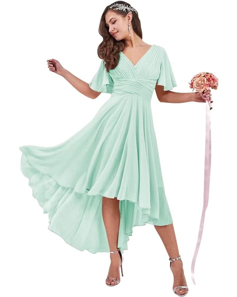 High Low Bridesmaid Dresses for Women V Neck Pleated Ruffle Sleeve Formal Evening Gown Mint Green $24.74 Dresses