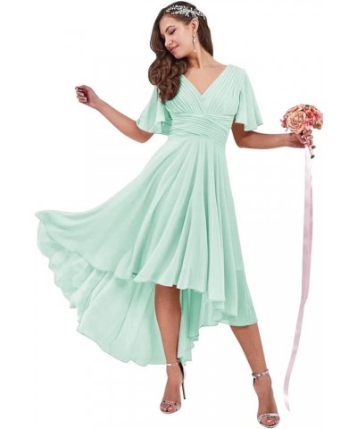 High Low Bridesmaid Dresses for Women V Neck Pleated Ruffle Sleeve Formal Evening Gown Mint Green $24.74 Dresses