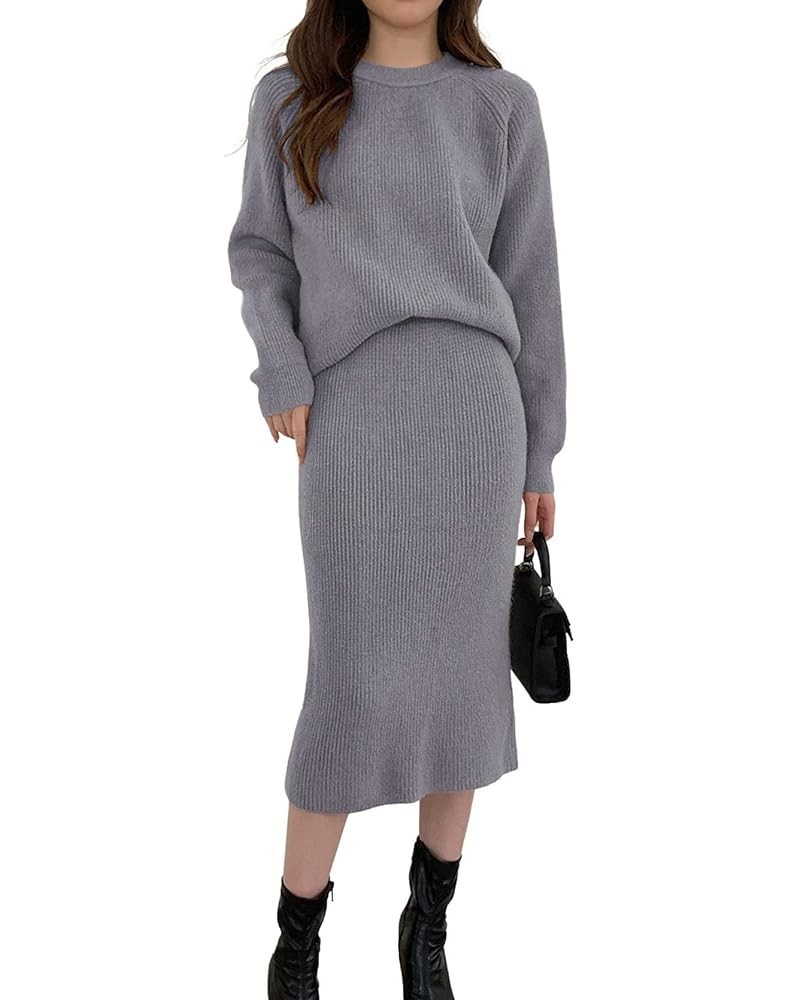 Women's Two Piece Sweater Skirt Sets Knit Sweater Top Bodycon Skirt 2 Piece Outfits Grey $18.92 Sweaters