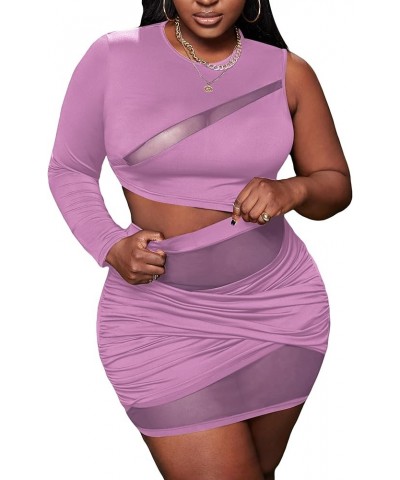 Women's Plus Size Ruched Skirt Set Contrast Mesh Crop Top 2 Piece Outfit Purple $16.28 Suits