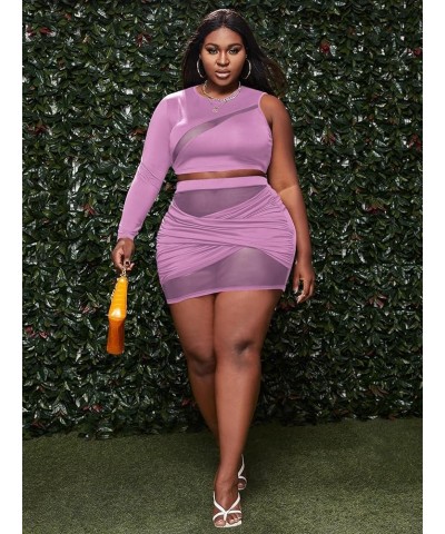 Women's Plus Size Ruched Skirt Set Contrast Mesh Crop Top 2 Piece Outfit Purple $16.28 Suits