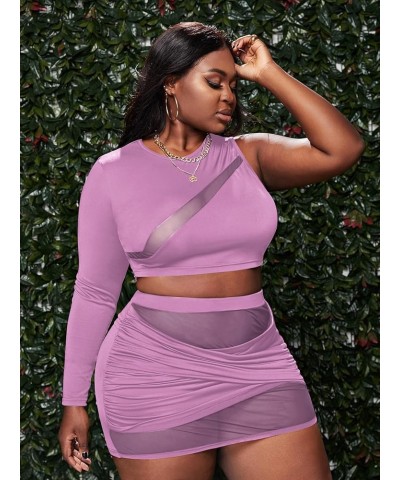 Women's Plus Size Ruched Skirt Set Contrast Mesh Crop Top 2 Piece Outfit Purple $16.28 Suits