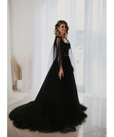 Gorgeous Black Lace Wedding Dresses for Bride Long Sleeve Bridal Gowns with Train Beaded Tulle Wedding Gowns for Women H-blac...