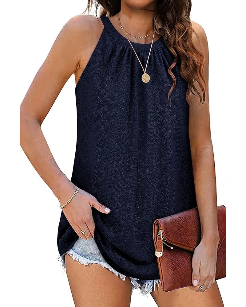 Tank Top for Women Loose Fit High Neck Sleeveless Halter Tops Casual Pleated Eyelet Summer Flowy Cami Shirts Blouse Dark Blue...