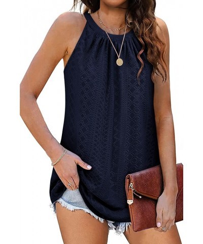 Tank Top for Women Loose Fit High Neck Sleeveless Halter Tops Casual Pleated Eyelet Summer Flowy Cami Shirts Blouse Dark Blue...