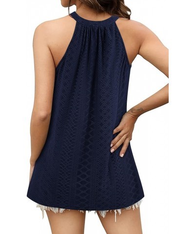 Tank Top for Women Loose Fit High Neck Sleeveless Halter Tops Casual Pleated Eyelet Summer Flowy Cami Shirts Blouse Dark Blue...