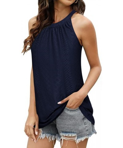 Tank Top for Women Loose Fit High Neck Sleeveless Halter Tops Casual Pleated Eyelet Summer Flowy Cami Shirts Blouse Dark Blue...