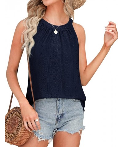 Tank Top for Women Loose Fit High Neck Sleeveless Halter Tops Casual Pleated Eyelet Summer Flowy Cami Shirts Blouse Dark Blue...