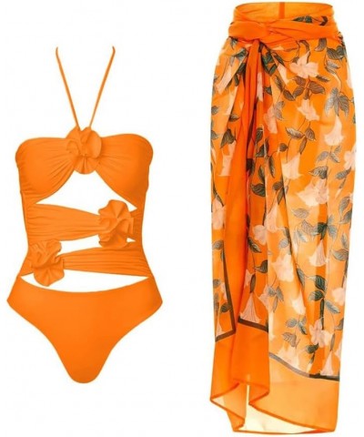 Women's One Piece Floral Swimsuit with Sarong Cover up Wrap Skirt 2 Piece Swimwear Beach Outfit Bathing Suit Orange Flower $1...