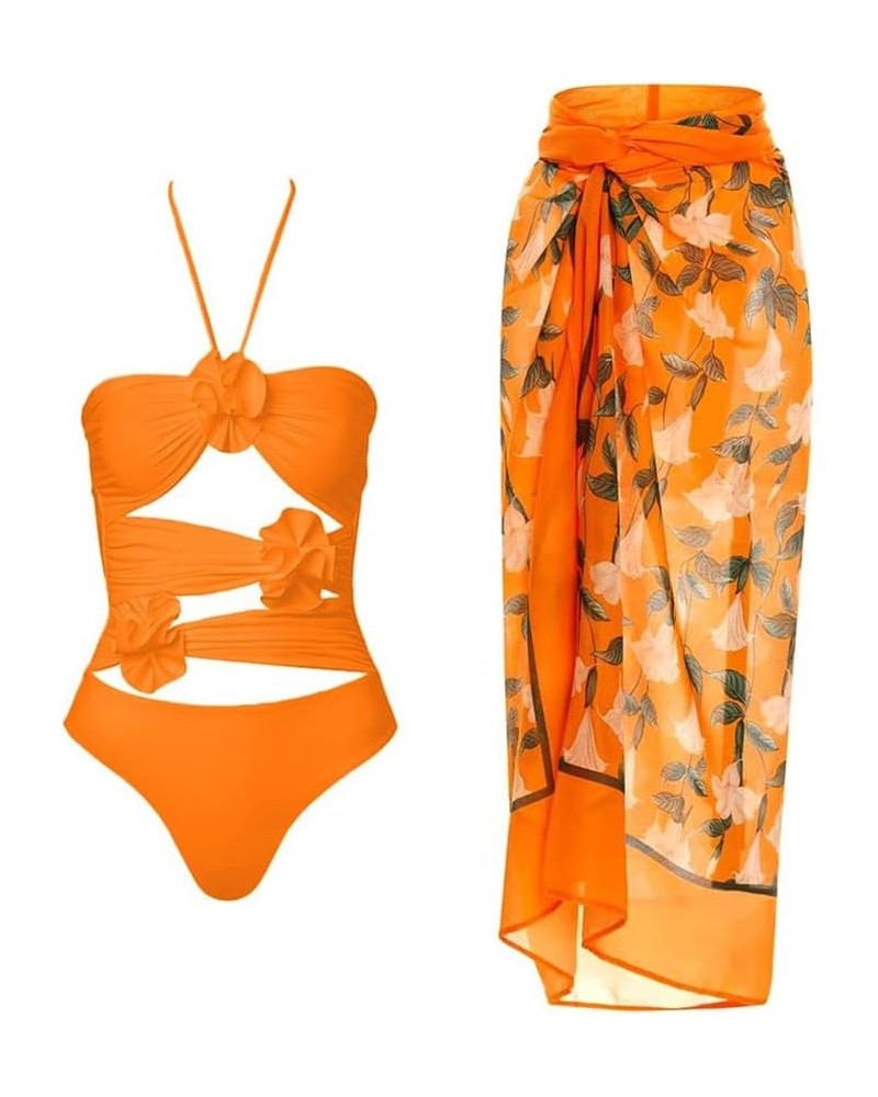 Women's One Piece Floral Swimsuit with Sarong Cover up Wrap Skirt 2 Piece Swimwear Beach Outfit Bathing Suit Orange Flower $1...