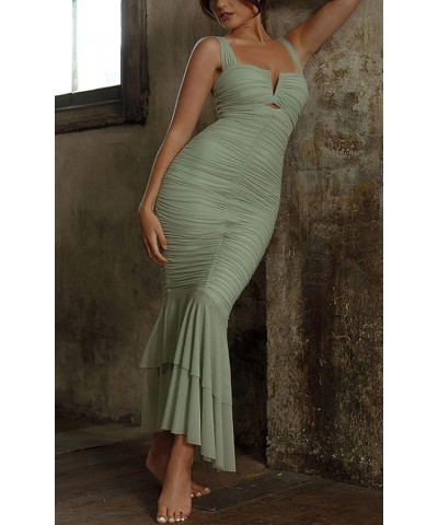 Women's Shoulder Strap Cutout Ruched Bodycon Mermaid Fishtail Maxi Dress for Evening Party Prom Green $18.49 Dresses