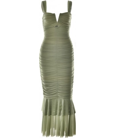 Women's Shoulder Strap Cutout Ruched Bodycon Mermaid Fishtail Maxi Dress for Evening Party Prom Green $18.49 Dresses