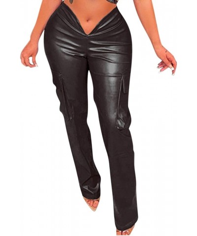 Women's Cargo Pants Sexy PU Leather Tights V Waist Trouser Pants Casual Silm Faux Leather Straight Pants with Pockets Black $...