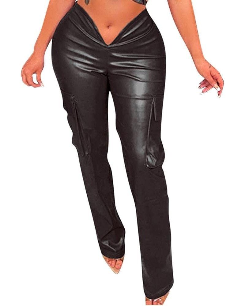 Women's Cargo Pants Sexy PU Leather Tights V Waist Trouser Pants Casual Silm Faux Leather Straight Pants with Pockets Black $...