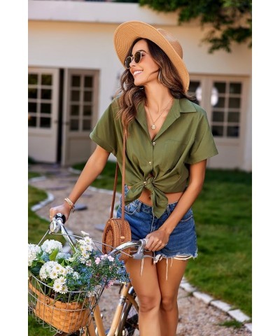 Linen Cotton Womens Short Sleeve Shirts V Neck Collared Button Down Blouse Tops with Chest Pocket Army Green $14.10 Blouses