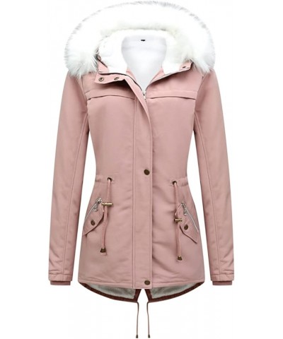 Winter Coat for Women Comfy Outerwear with Fur Hood Thickened Sherpa Lined Warm Jackets Mid Length Zipper Jacket 03 Pink $20....