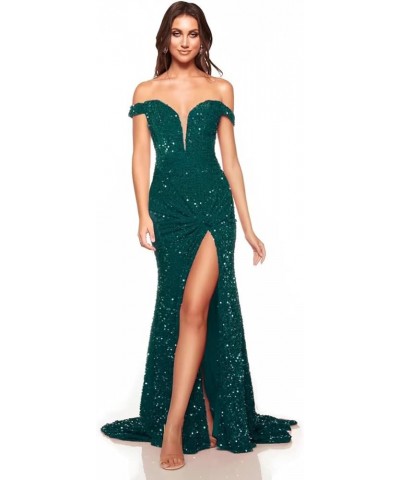 Sparkly Off Shoulder Prom Dresses Long with High Slit Mermaid Sequin Dress for Women Wedding Party Formal Gowns Peacock Green...