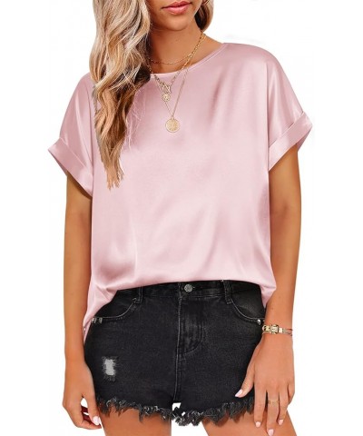 Women's Short Sleeve Pullover Blouses Satin Silk Shirts Casual Loose Elegant Work Tunic Tops A03-misty Rose $15.38 Tops